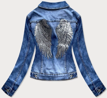 KRÓTKA DAMSKA KURTKA JEANSOWA Z CEKINAMI NIEBIESKA (5822-K)