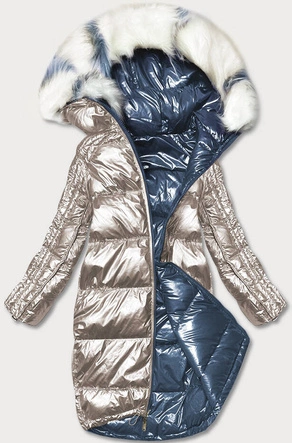 Dwustronna metaliczna kurtka zimowa granatowo-beżowa (p21-7901-99+62)