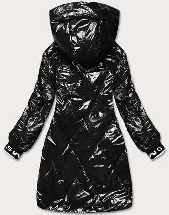 BŁYSZCZĄCA KURTKA DAMSKA ZE ŚCIĄGACZAMI CZARNA (B9792-1)