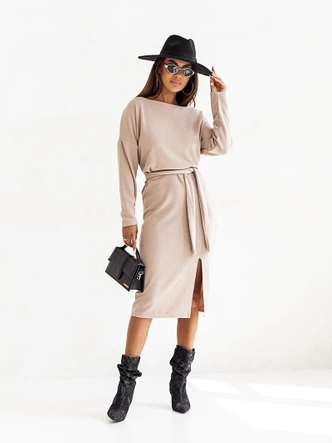 Elegancka sukienka midi z paskiem cappuccino (82137)