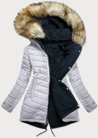 DWUSTRONNA DAMSKA KURTKA ZIMOWA Z KAPTUREM GRANATOWO-SZARA (W211)