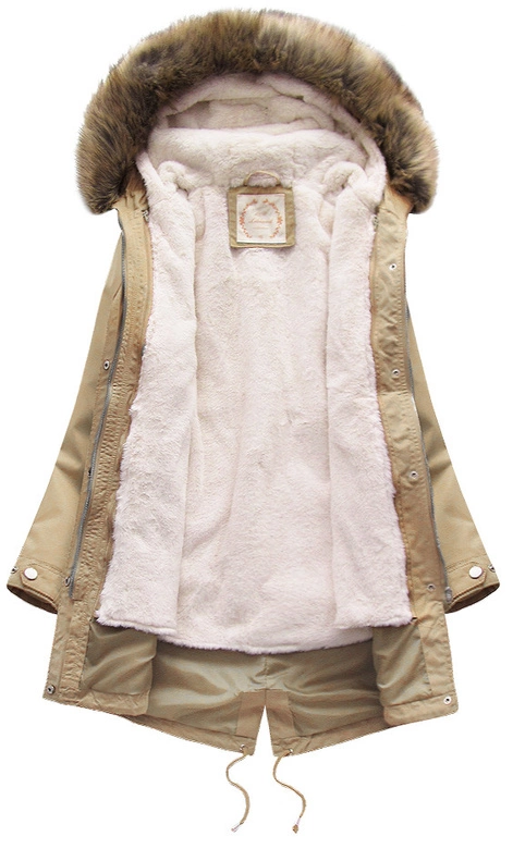 Zimowa damska parka z podpinką i kapturem beżowa (7626BIG)