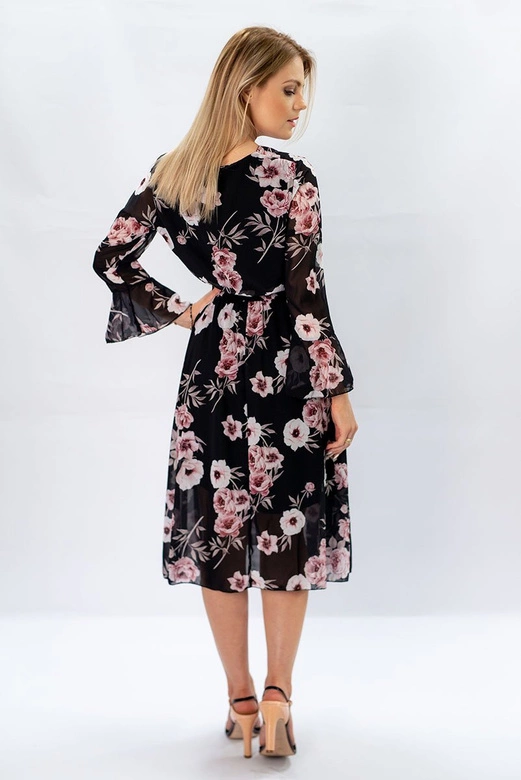 SZYFONOWA SUKIENKA KOPERTOWA W KWIATY CZARNA (483ART)