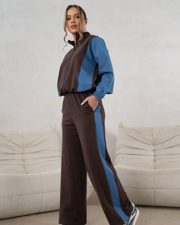 Komplet dresowy bluza na zamek + spodnie wide leg czekoladowo-niebieski (821151)