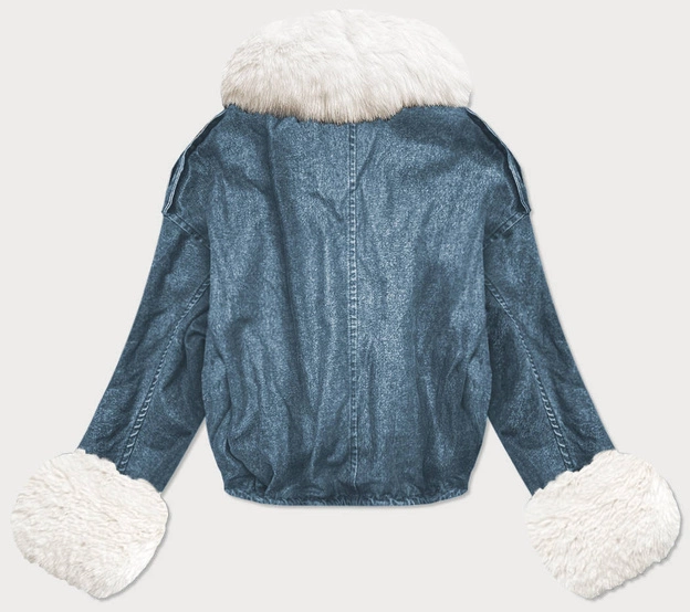 DAMSKA KURTKA JEANSOWA Z FUTRZANĄ PODPINKĄ NIEBIESKO-BIAŁA (9020#)