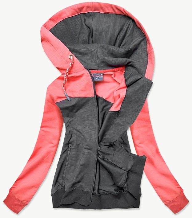 BAWEŁNIANA BLUZA DAMSKA Z KAPTUREM ŁOSOSIOWO-GRAFITOWA (57909)