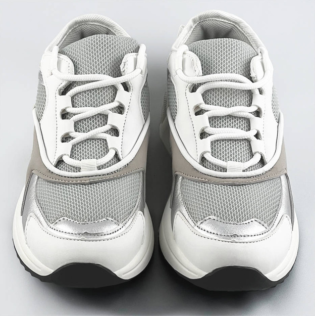 Sznurowane sneakersy z kolorowymi wstawkami biało-szare (6346)