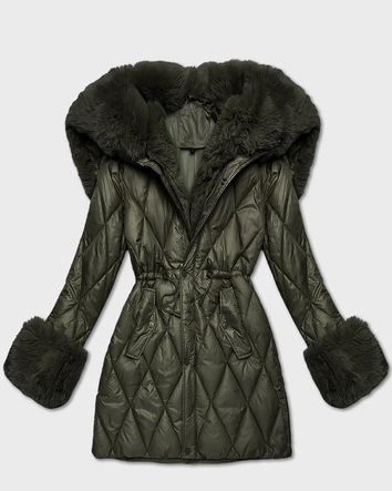 Kurtka z futrzanym kapturem tworzącym kołnierz khaki (T3-2635#-22)
