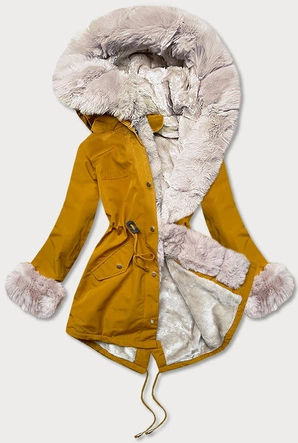 DAMSKA KURTKA PARKA NA FUTERKU MUSZTARDOWA (WM988)