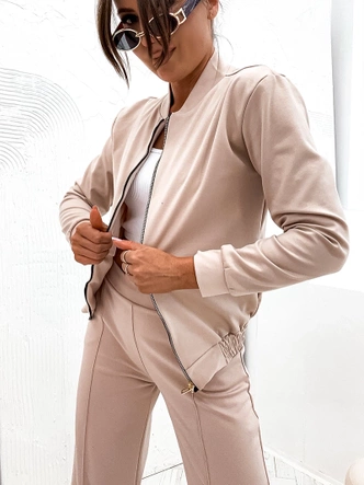 Komplet damski szerokie spodnie i bluza bomberka jasnobeżowy (82105)