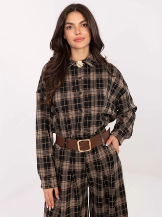 Flanelowa koszula damska w kratę ciemny beżowy (21638)
