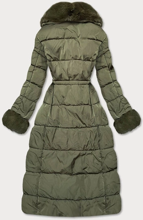 Długa kurtka zimowa z futrzanym kołnierzem khaki (j9-071)