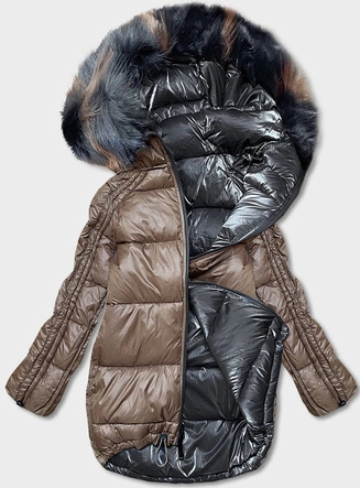 Dwustronna kurtka oversize grafitowo-beżowa (h-1088-62)