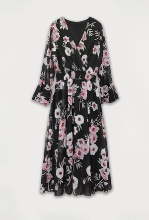 SZYFONOWA SUKIENKA KOPERTOWA W KWIATY CZARNA (483ART)