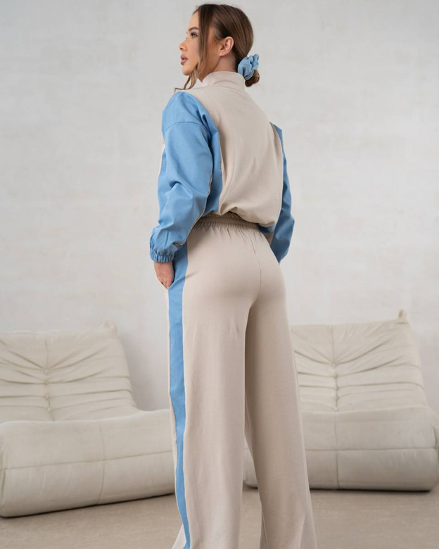 Komplet dresowy bluza na zamek + spodnie wide leg beżowo-niebieski (821151)