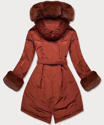 Zimowa kurtka damska z paskiem ceglana (f7039-5)