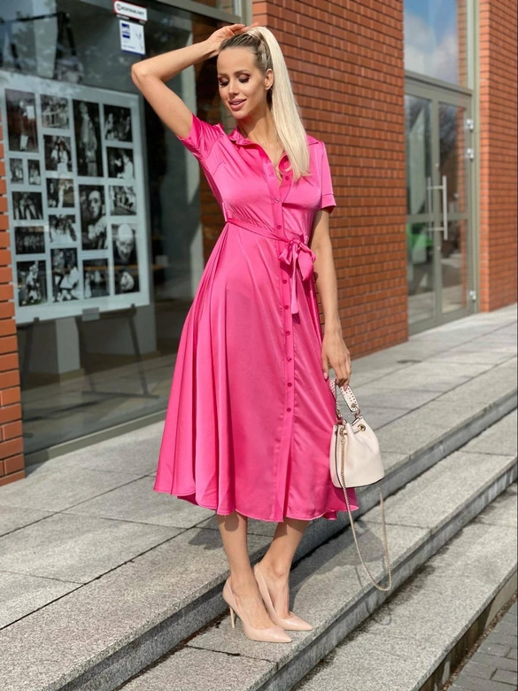 SATYNOWA SUKIENKA KOSZULOWA RÓŻOWA (20460)