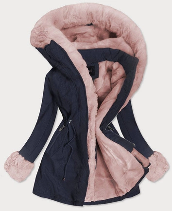 DAMSKA PARKA ZIMOWA Z FUTREM GRANATOWO-RÓŻOWA (B9550)