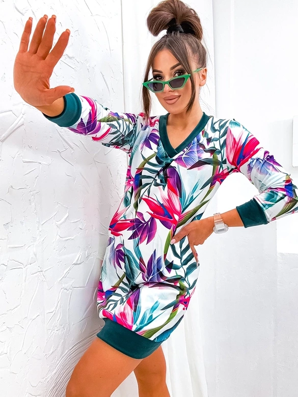 Welurowa sukienka w liście zielony/róż (8268)