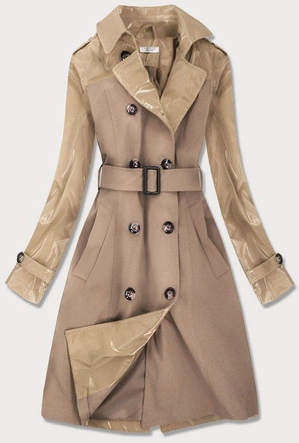 CIENKI PŁASZCZ Z ŁĄCZONYCH MATERIAŁÓW BEŻOWY (YR2027)