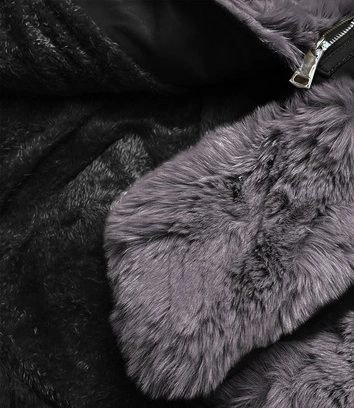 ELEGANCKA KURTKA SKÓRZANA Z FUTRZANYM KOŁNIERZEM CZARNO-SZARA (FL202018)