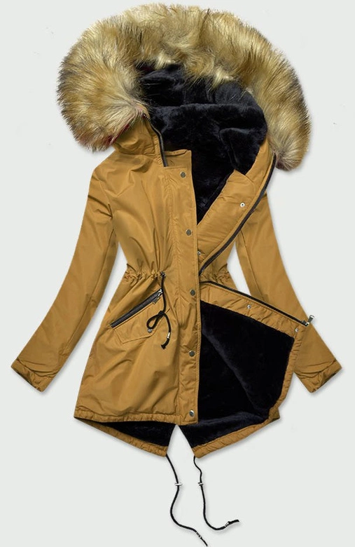 Zimowa kurtka damska typu parka musztardowa (b2628)