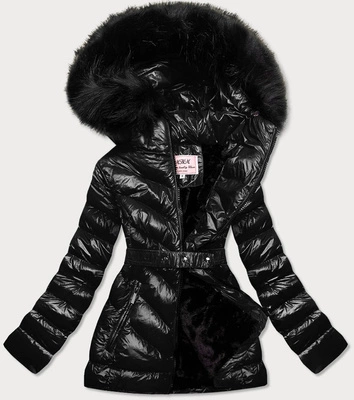 Błyszcząca kurtka zimowa na misiu czarna (w673)