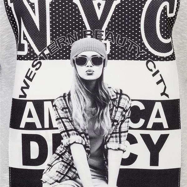 DŁUGA BLUZA Z NADRUKIEM SZARY MELANŻ (GOOD3)