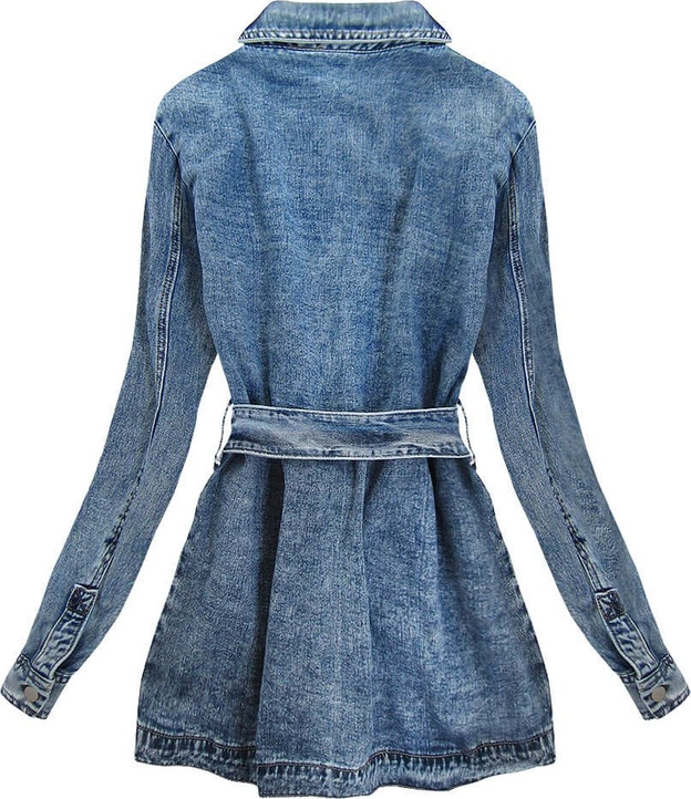 DŁUGA JEANSOWA DAMSKA KURTKA Z KOŁNIERZEM I PASKIEM (C131)