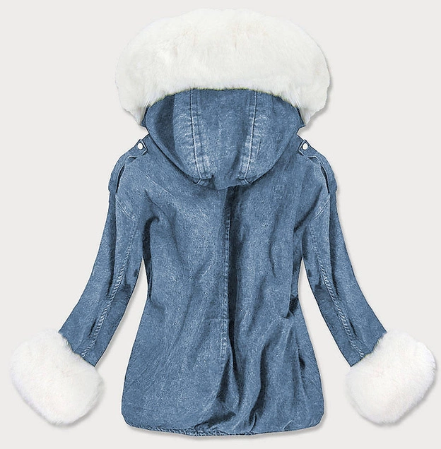 DAMSKA KURTKA JEANSOWA Z FUTRZANĄ PODPINKĄ NIEBIESKO - BIAŁA (9023#)