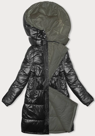 Gruba dwustronna kurtka zimowa damska czarny-khaki (V768g)