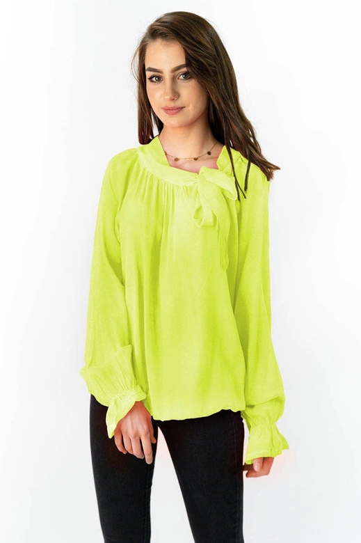 BAWEŁNIANA BLUZKA Z WIĄZANĄ STÓJKĄ NEONOWY ŻÓŁTY (298ART)
