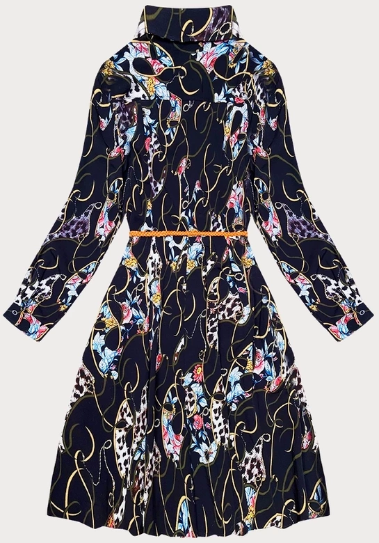 Plisowana sukienka z kołnierzykiem granatowa w kwiaty (Z-56)