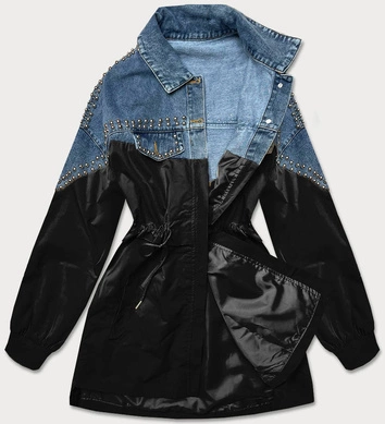 DAMSKA KURTKA JEANS DENIM Z ŁĄCZONYCH MATERIAŁÓW NIEBIESKO-CZARNA (PFFS12233)