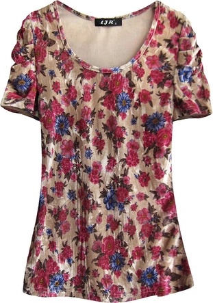 WELUROWA BLUZKA W KWIATY ZŁOTO-AMARANTOWA (3682/7)