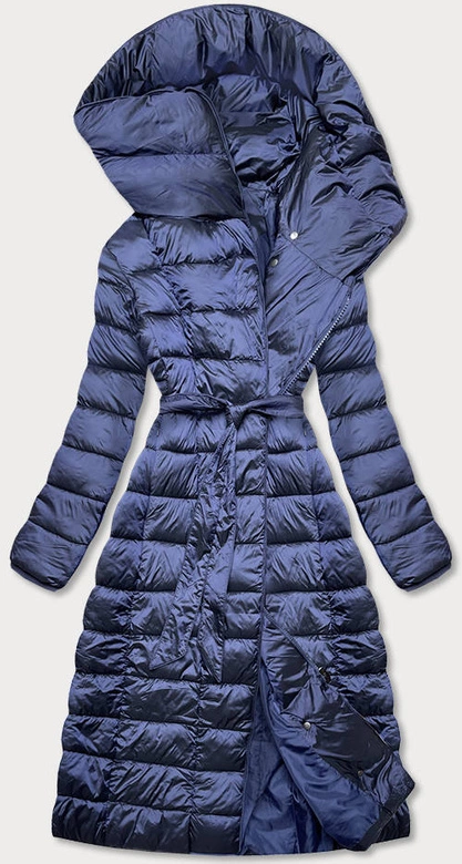 PIKOWANY PŁASZCZ Z WYSOKĄ STÓJKĄ I KAPTUREM GRANATOWY (J9-062)