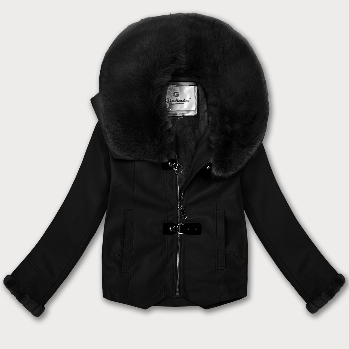 Kurtka ze skóry ekologicznej z futrzanym kołnierzem Glakate czarna (LU98091#)