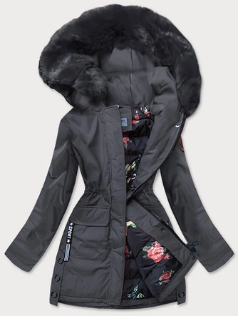 KURTKA ZIMOWA DAMSKA Z OZDOBNĄ PODSZEWKĄ GRAFITOWA (B9576-70)