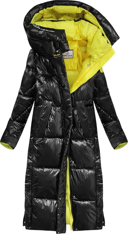 BŁYSZCZĄCY PŁASZCZ Z PUCHEM NATURALNYM CZARNO-ŻÓŁTY (H9178)