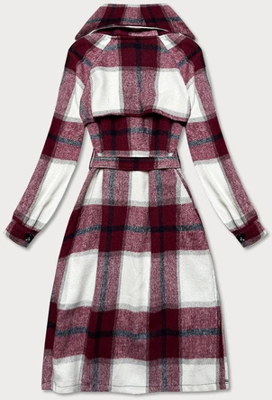 Koszulowy damski płaszcz w kratę bordowo-biały (7897)