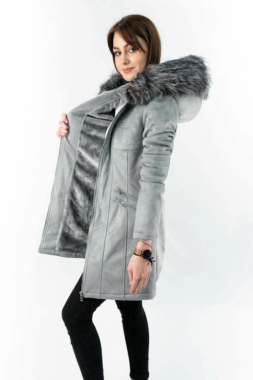 ZAMSZOWA DAMSKA KURTKA ZIMOWA Z KAPTUREM SZARA (6516)