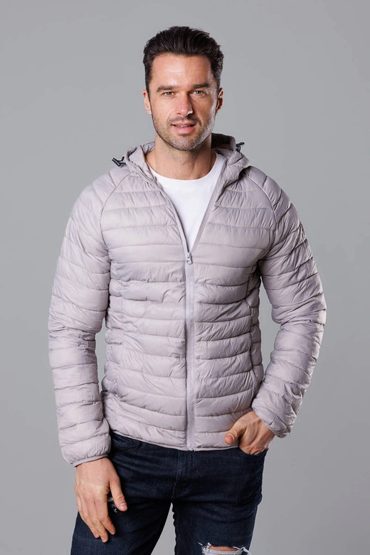 Pikowana kurtka męska z kapturem jasnoszara (HM112-30)