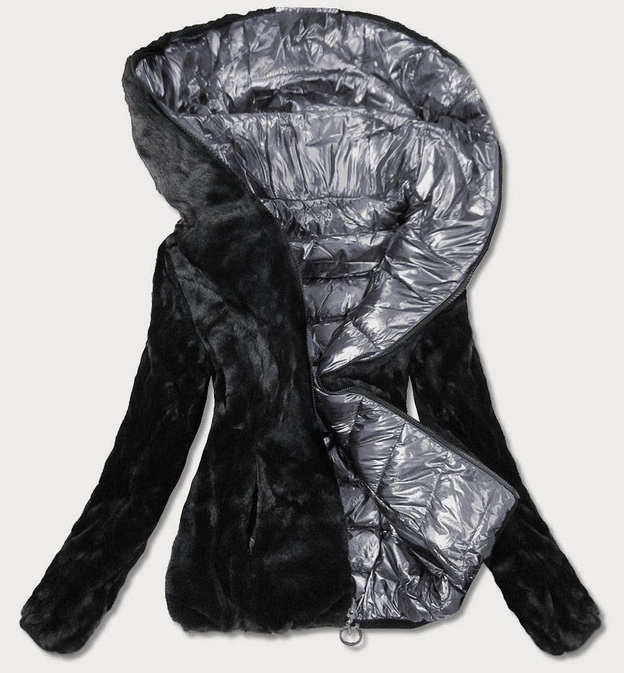 KRÓTKA BŁYSZCZĄCA DWUSTRONNA KURTKA DAMSKA SREBRNA (B9542)