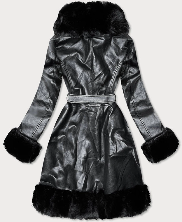 Rozkloszowany płaszcz damski z ekoskóry z futrem czarny (b9738)