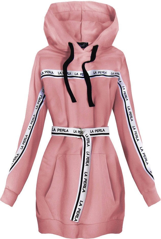 DŁUGA BLUZA Z PASKIEM PUDROWY RÓŻ (568ART)