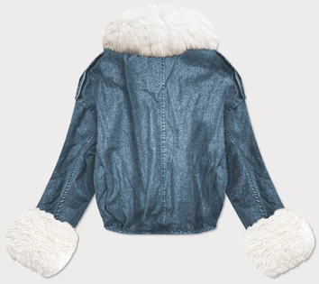 DAMSKA KURTKA JEANSOWA Z FUTRZANĄ PODPINKĄ NIEBIESKO-BIAŁA (9020#)