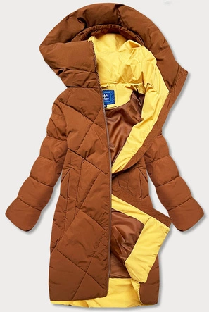 Dłuższa kurtka zimowa damska z wysoką stójką karmelowa (j9-067)