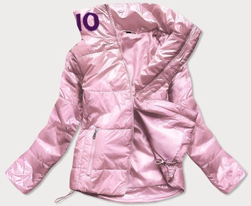 Krótka pikowana kurtka damska ze stójką różowa (b9567)