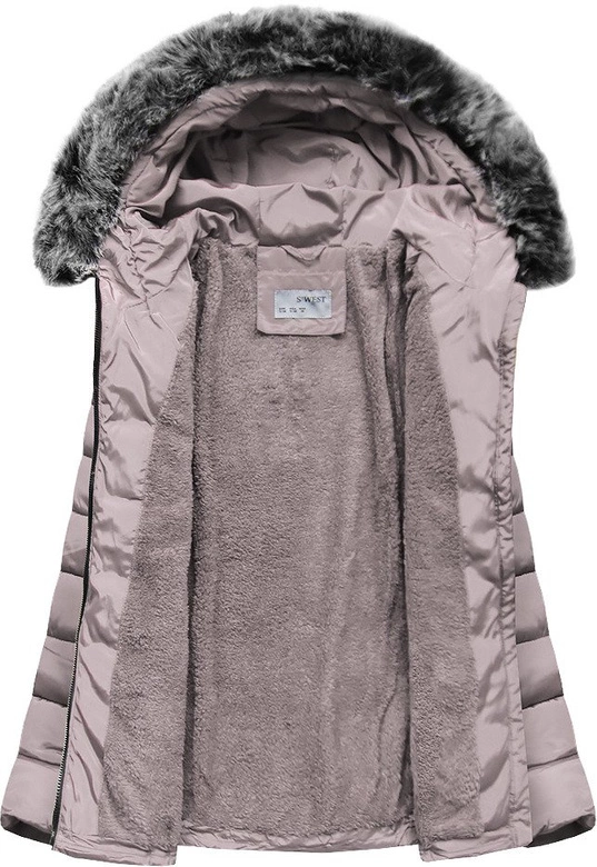 KRÓTKA PIKOWANA ZIMOWA KURTKA DAMSKA Z KAPTUREM JASNORÓŻOWA (R2618)