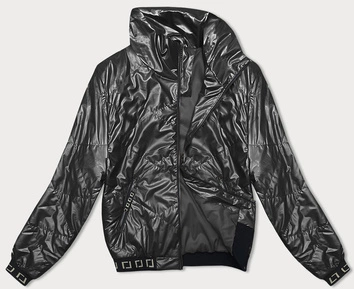 Krótka błyszcząca kurtka damska ze stójką czarna (5M3195)